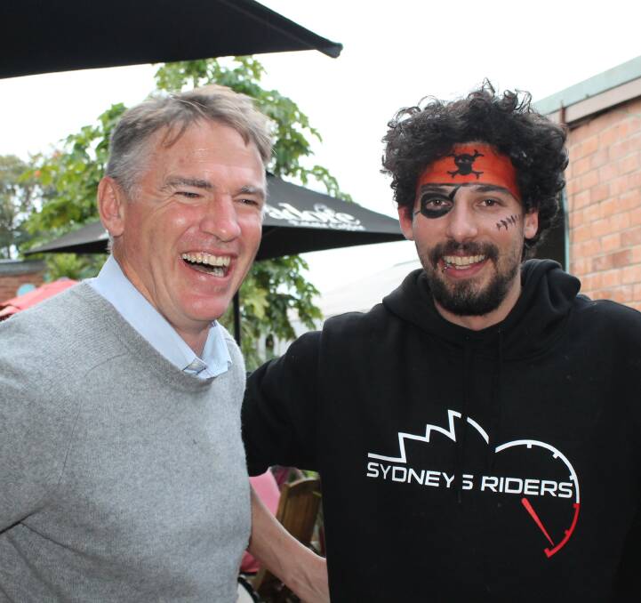 Out and about for Bellingen's Crazy day: Cowper candidate Rob Oakeshott with Gelato Bar's Danny Sebes. Mr Oakeshott is back in town for the Q&A session.