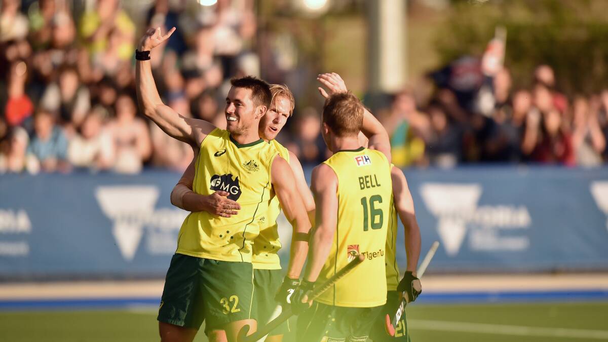 NUMBER ONE: Kookaburras star Jeremy Hayward celebrates his match-winning goal in the second Test against India. Picture: NONI HYETT