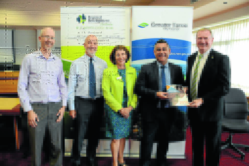 Communications manager for RDA Mid North Coast and content editor for Mid North Coast [Connected] Justyn Walker, Greater Taree's general manager Ron Posselt, RDA Mid North Coast CEO Lorraine Gordon, minister for Regional Development, Skill and Business John Barilaro and member for Myall Lakes Stephen Bromhead at the launch of the 2016 investment prospectus on Monday.