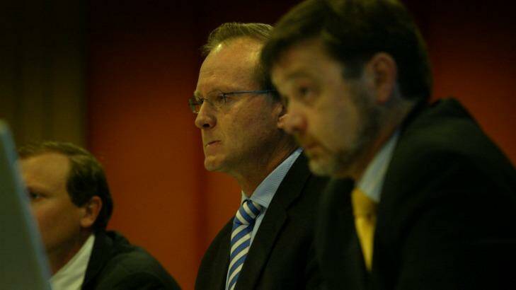 Andrew Wily (centre) and David Hurst (right) at a creditors meeting in 2008. Photo: James Alcock