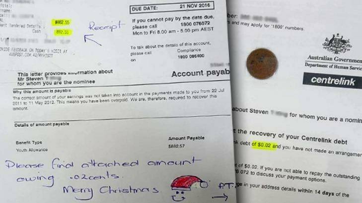 A Centrelink debt notice for 0.2 cents. Photo: Supplied