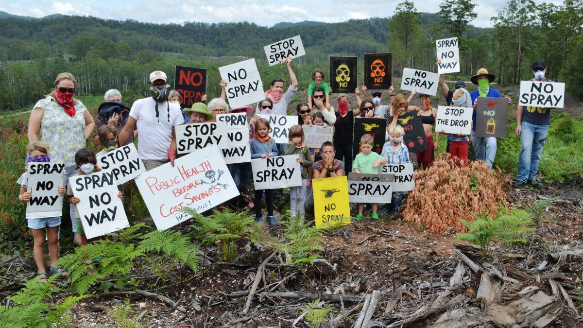 Protesters gather at the edge Gladstone State Forest, Bellingen.