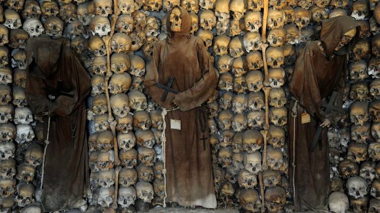 The Capuchin crypt in Rome under the Church of Santa Maria della Concezione at Via Veneto 27 is made up of several small chapels ornately decorated with the bones of some 4000 monks.