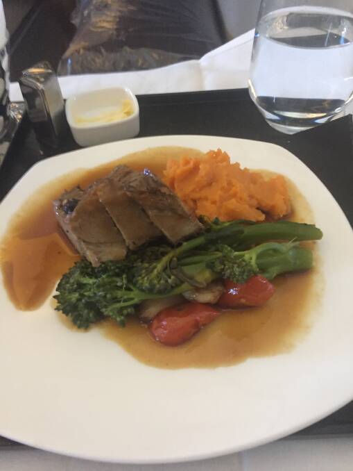 MAINS: Braised beef with sweetpotato mash, broccolini, cherry tomatoes and jus. And more Sprite. 
