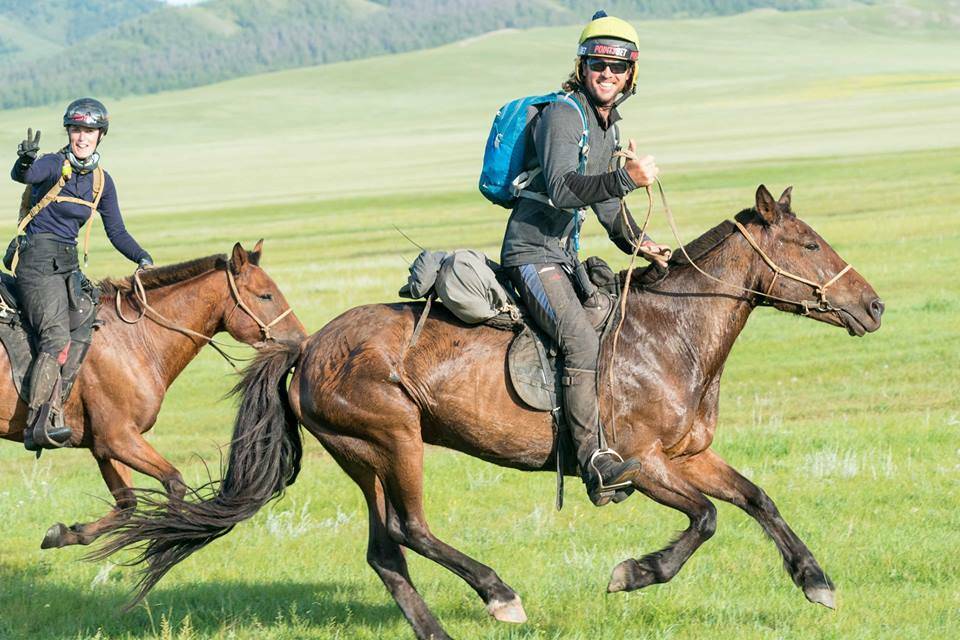 Annabel Neasham and Adrian Corboy racing in the Mongol Derby. Picture: MONGOL DERBY