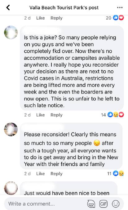 A screenshot of comments on the tourist park's Facebook post