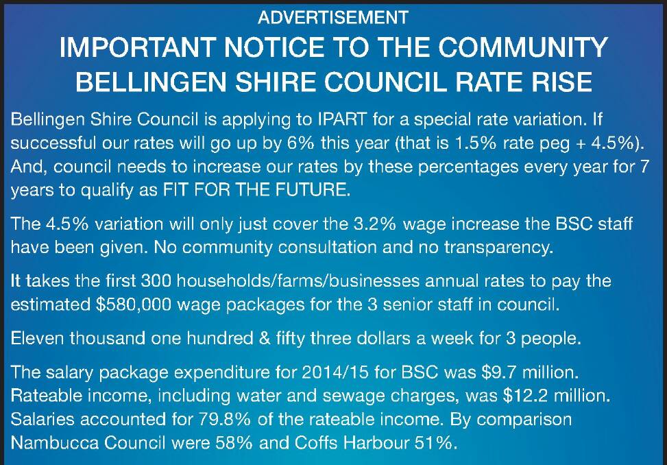 HOW TO OPPOSE THE RATE RISE: A section of Terry Walker's advertisement, which was printed in the Bellingen Shire Courier-Sun.