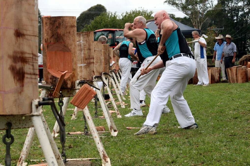 AXEMEN:  Don't miss the woodchop competition. Dressed in team colours the axemen will make the chips fly, see them compete from 10am on Saturday morning.