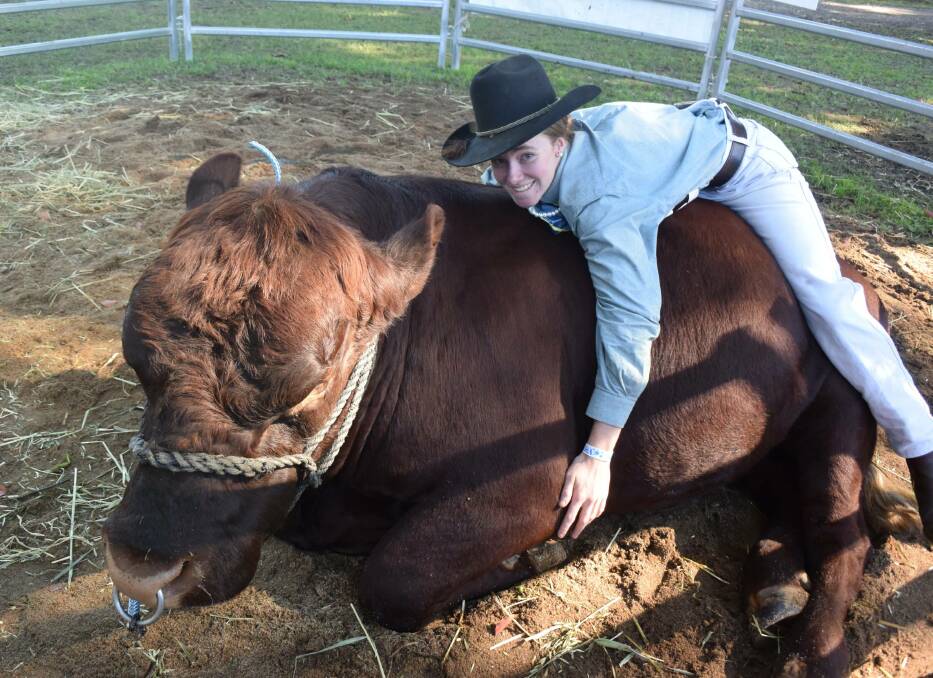 Alana McBaron, 17, from Bellingen High gives her favourite bull Leroy a hug