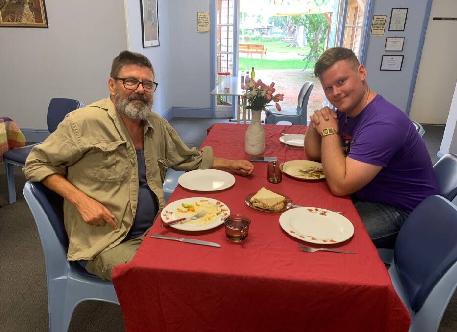 Andrew Stockley and Edward Bourke meeting up for lunch, which on this day was a vegetable pasta bake with salad, followed by plum cake or chocolate and coconut slice