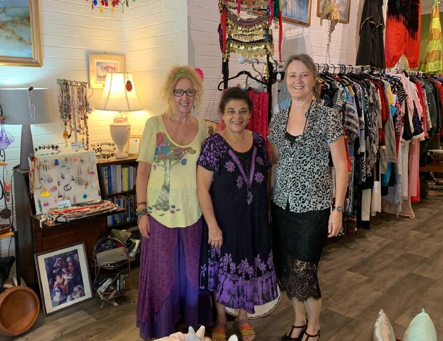 Volunteers Lizzy Macer, Therese Pittari and Jeanette Keough at A Little Bit Gypsy on Church St, Bellingen