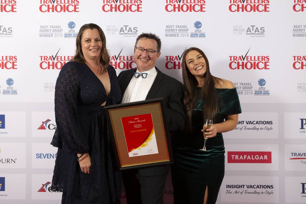 Happier times: Leonie Ivey, James Cracknell and Marnie Wade celebrating Windsong Travel's Gold Choice Award in November 2019