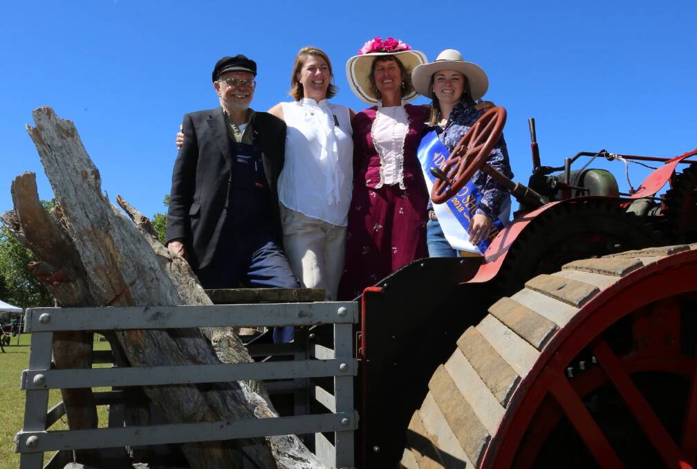 All aboard the ancient steam engine: from left, Steven King, Melinda Pavey MP, Society President, Sally Duckett and Dorrigo Show Girl, 2018, Tahnee Beelitz