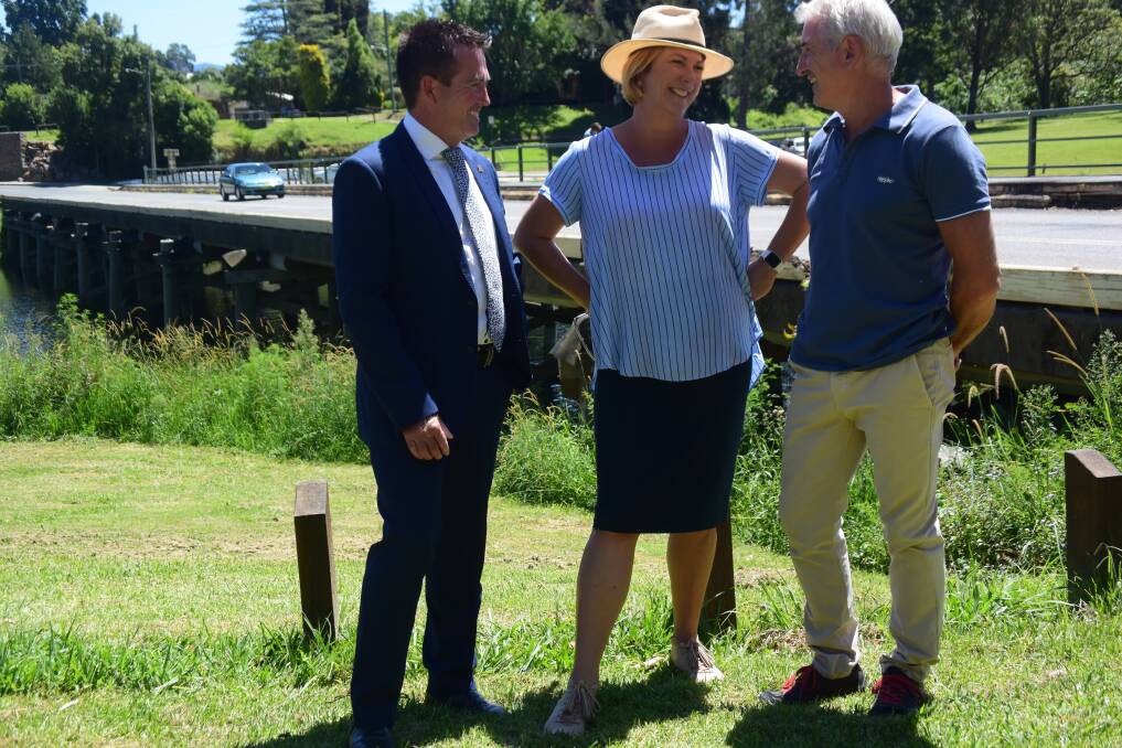 Minister for Racing Paul Toole with Oxley MP Melinda Pavey and Bellingen Shire mayor Dominic King at Lavender's Bridge