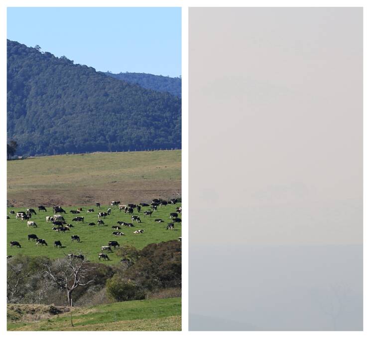 Two photos from Vivian Hoskins in Dorrigo, of the same idyllic mountain scene: one on a clear day and the other this morning
