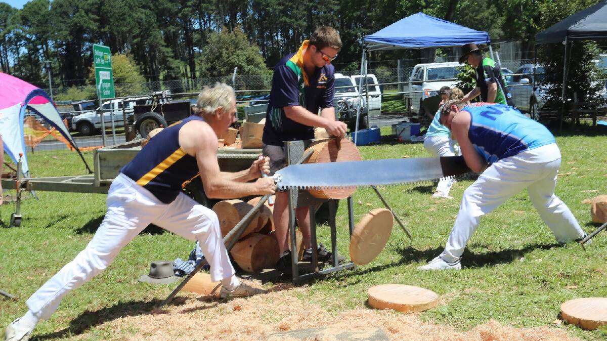 Competitors in the men's pairs cross cut sawing