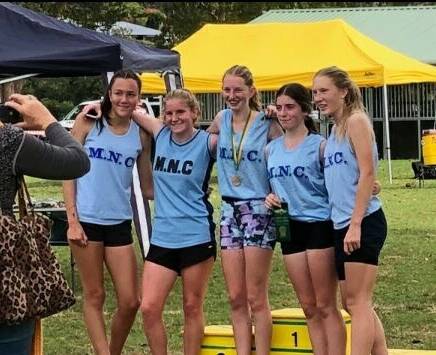 First five from Bellingen Shire in 16 years girls North Coast Cross Country
Left to right - Sophie Keough (BHS -5th), Rekkii Byrne (Dorrigo HS -2nd),Willow Neal (BHS -1st ), Brynne Couper (BHS - 3rd), Jessica Bailey (BHS- 4th)