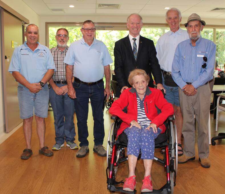 Bellinger River District Hospital patient Joan Falconer was very impressed with the new wheelchair, one of three donated by Lodge The Raleigh and Masonicare. Lodge members Philip Bertram, Garrie Curman, Col Fitzgerald, Colin Gill and Worshipful Master John Bertram are pictured with Masonicare Chairman and the Freemasons’ NSW Deputy Grand Master, Andrew Fraser.