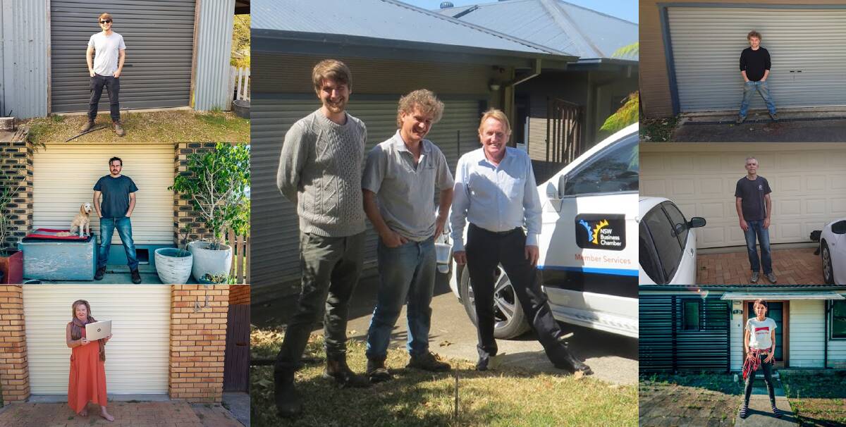 In September, 24 local micro businesses responded to a call to mimic the classic shot of Steve Jobs standing outside the garage where Apple was born as a way of indicating their dissatisfaction with their fixed wireless and satellite NBN connections. Left: Arne Hansen, Gethin Coles, Janette Farleigh.  Right: Jason Errey, Greg Davis, Paula Whiteway. Centre: Arne, Jason, Peter Bastian. Pic composition: Linden Hutchinson.