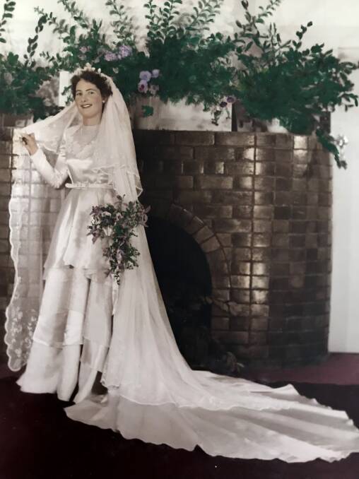 Nancy Taylor in her wedding dress at CWA Bellingen (1953)