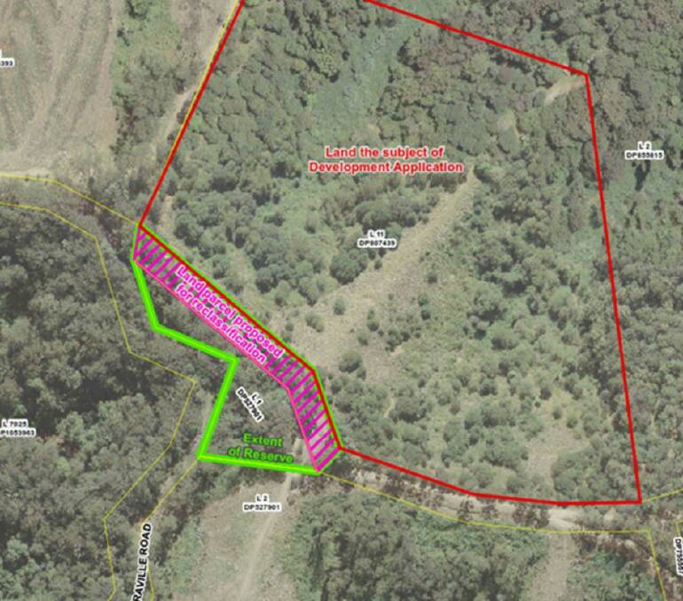 The red line shows the privately owned land, the green indicates the reserve and the pink (approx 200m x 20m) shows the strip proposed for reclassification to operational land
