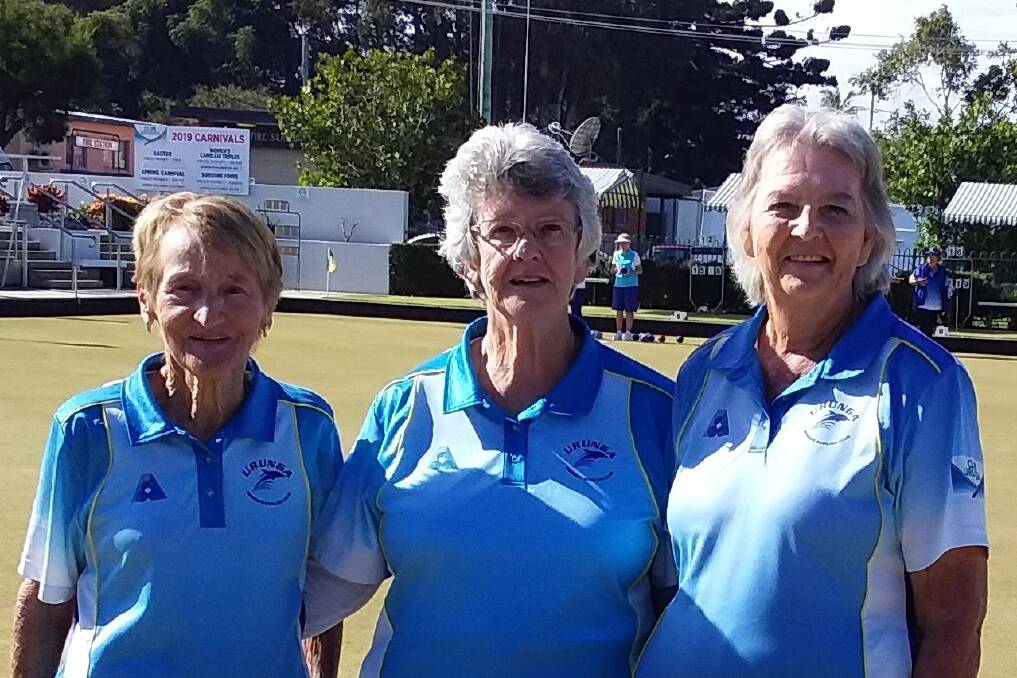 Urunga Major Triples winners for 2019 Isabel Pettit, Irene Algar, Kath McPhail very pleased with a convincing win over Helen Hoffman, Lynne Tarrant and Jo Bathgate.
