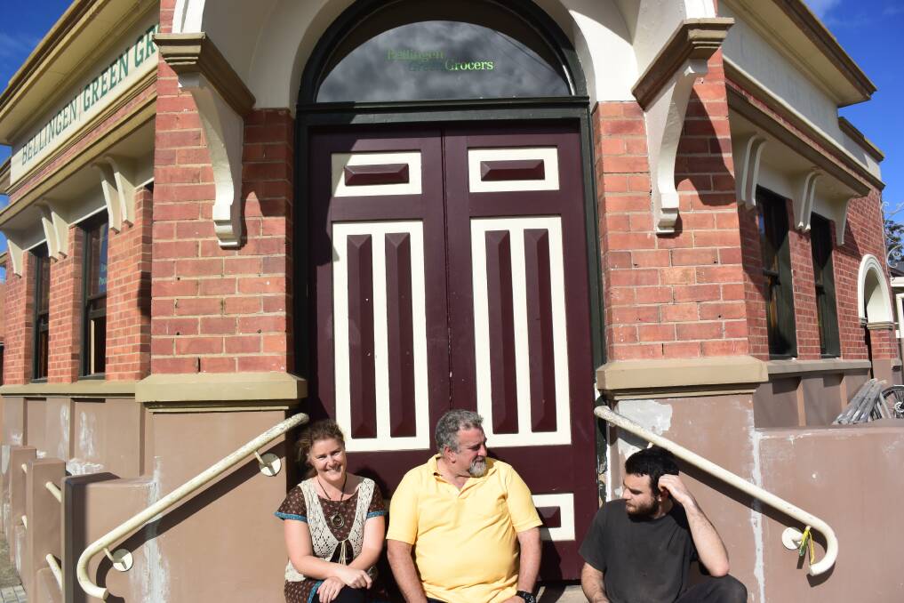 Operations manager Kendal Marsland, business owner Steve Klipin and chef Lior Klipin on the steps of the former Bellingen Green Grocers and Mouza Restaurant. Constructed in 1926 by George Moore to be the Bank of NSW, the building was extensively renovated by owner Avi Shaul a decade ago.