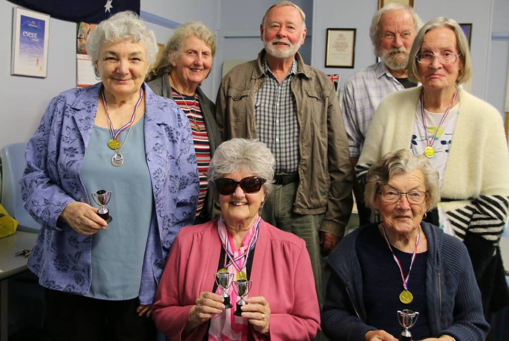 Games Day: (back row) volunteers Moira & Kevin Franklin and Norm Crossley (front row) trophy & medal winners  - standing - Josie Watts & Christine Pleom; seated -  Bronte Sidrabs & Hilary Weston-Webb