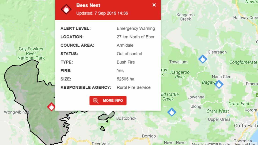 Emergency warning posted on Bees Nest fire