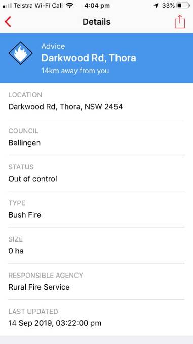 Bushfire on Darkwood Rd, Thora