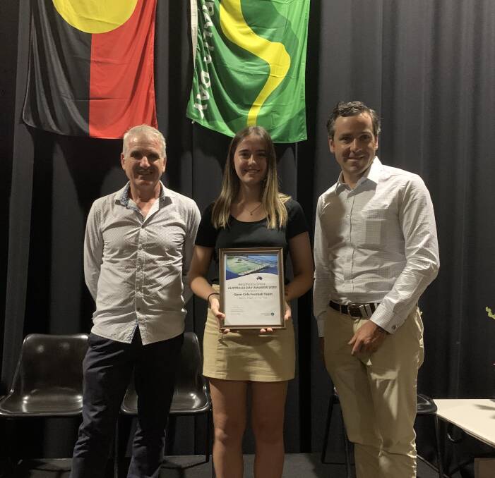 Open Girls Football team captain Emily Ruming with Mayor Dominic King and Australia Day ambassador Peter McLean