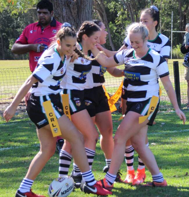 Jubilation after Marion Campbell scores a try to definitely win the game.