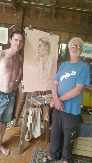 Jimmy at Life Drawing Bellingen, next to a sketch of him by Robert Niece