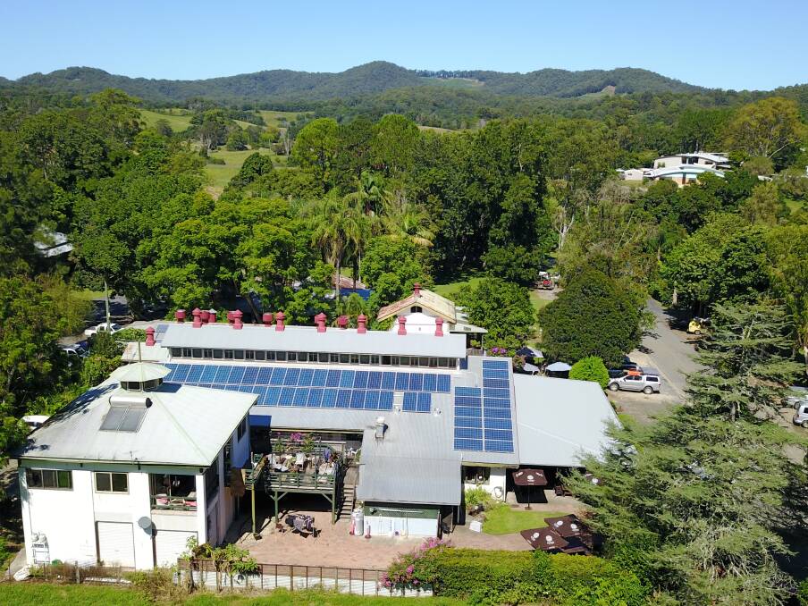 An innovative arrangement makes solar available to the small businesses at the Old Butter Factory in Bellingen. Drone photo courtesy of Kersten Schmidt.
