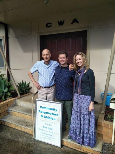 Paul Nebauer, Matt Sincock and Kylie Box, Community Acupuncture practitioners outside Bellingen CWA