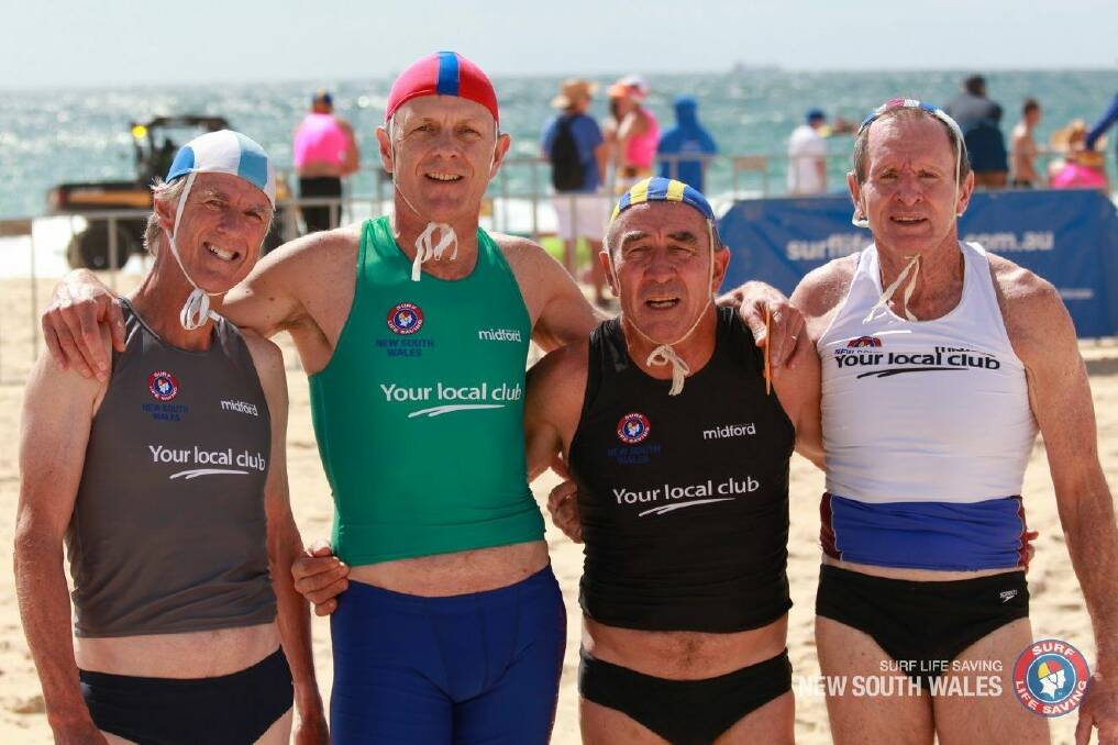 Jim McCullagh (third from the left in black singlet) took out three bronze in the 60+ sprint, flags and 1km sand run. Photos supplied.


