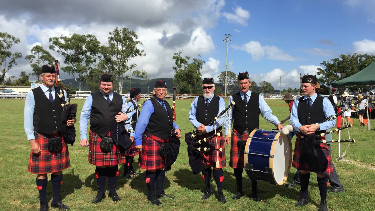 Some of the members from Bellingen's pipeband after competing on Saturday at Maclean. Photo by Jess Wallace.