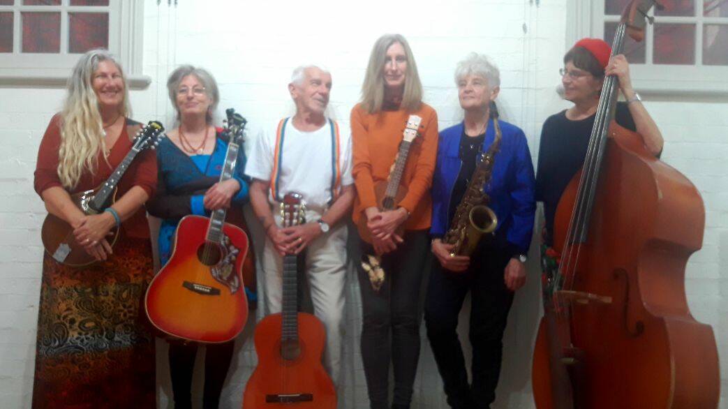 LOCAL TALENT: The band member of 6+ Marie Mellon, Kathy Gibbings, Rob Simpson, Julie Hutchinson, Persia Wildwood, Odile Lejus. Photo: Julie Hutchinson