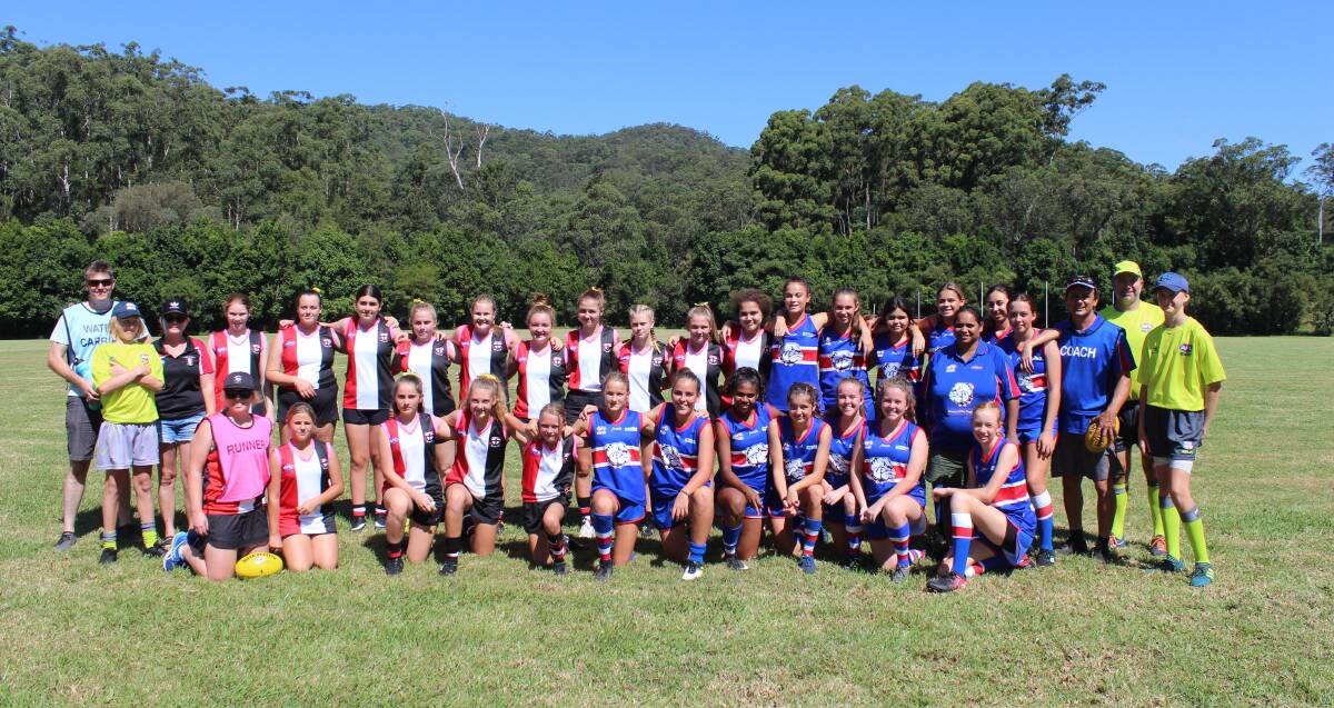 Sawtell Saints and Bellingen Bulldogs Youth Girls' Teams, coaches and game umpires. Photo supplied.
