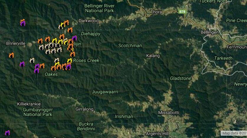 Purple flashes indicate fire activity in the last 2-6 hours. Image from Sentinel Hotspots
