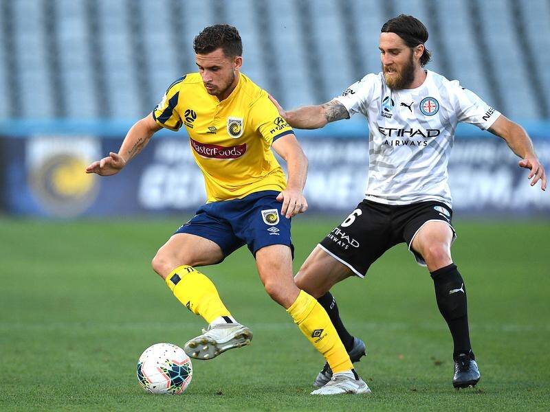 Jordan Murray (l) scored a goal in each half in the Mariners' win over Melbourne City.