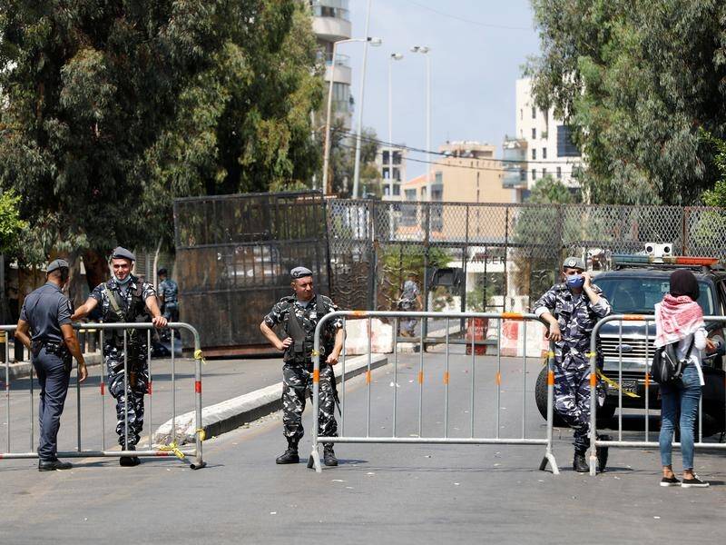 Lebanese security forces block a road to the UNESCO Palace where Lebanon's parliament met.