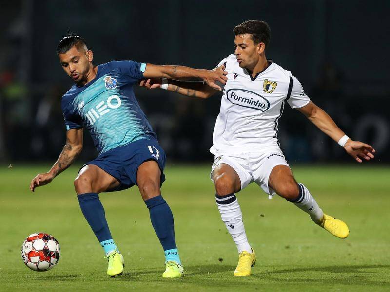 Jesus Corona (l) scored Porto's goal in their defeat at Famalicao in the Portuguese top flight.