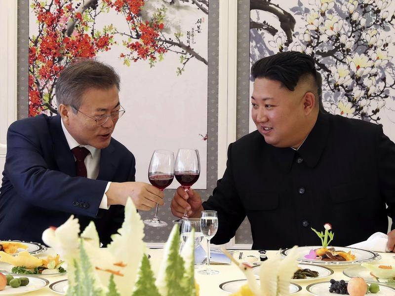 S Korean President Moon Jae-in, left, discussed denuclearisation with North Korea's Kim Jong-un.