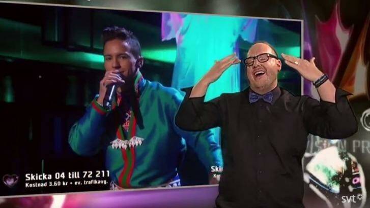 Killing it: Eurovision's interpreter Tommy Krangh. Photo: YouTube