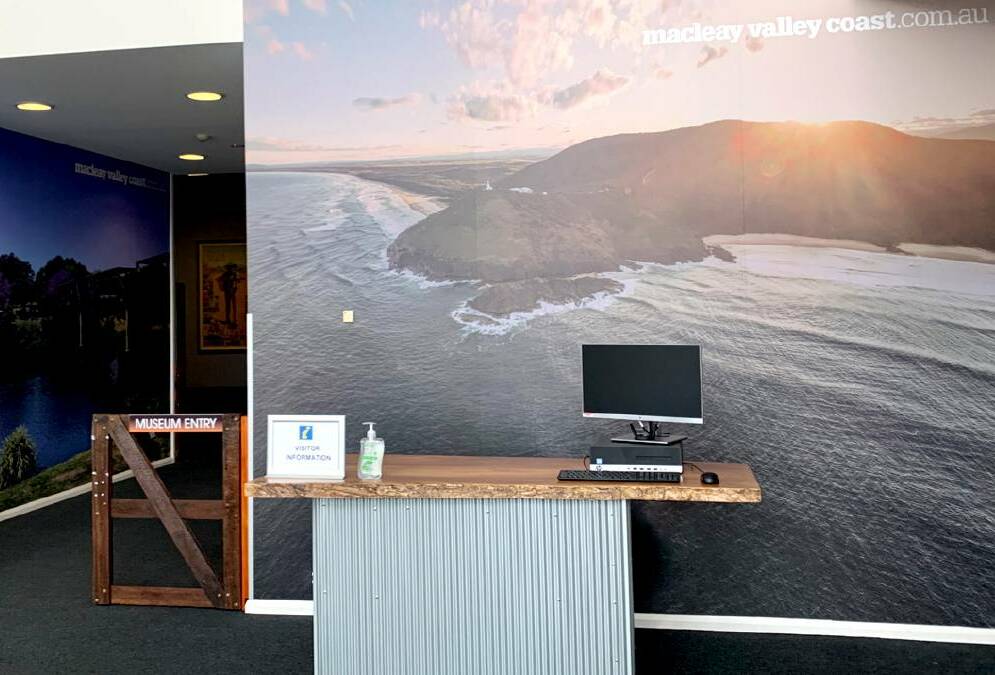 The new Macleay Valley Coast Visitor Centre has Josh's photo of South West Rocks as the background. Photo: Supplied 